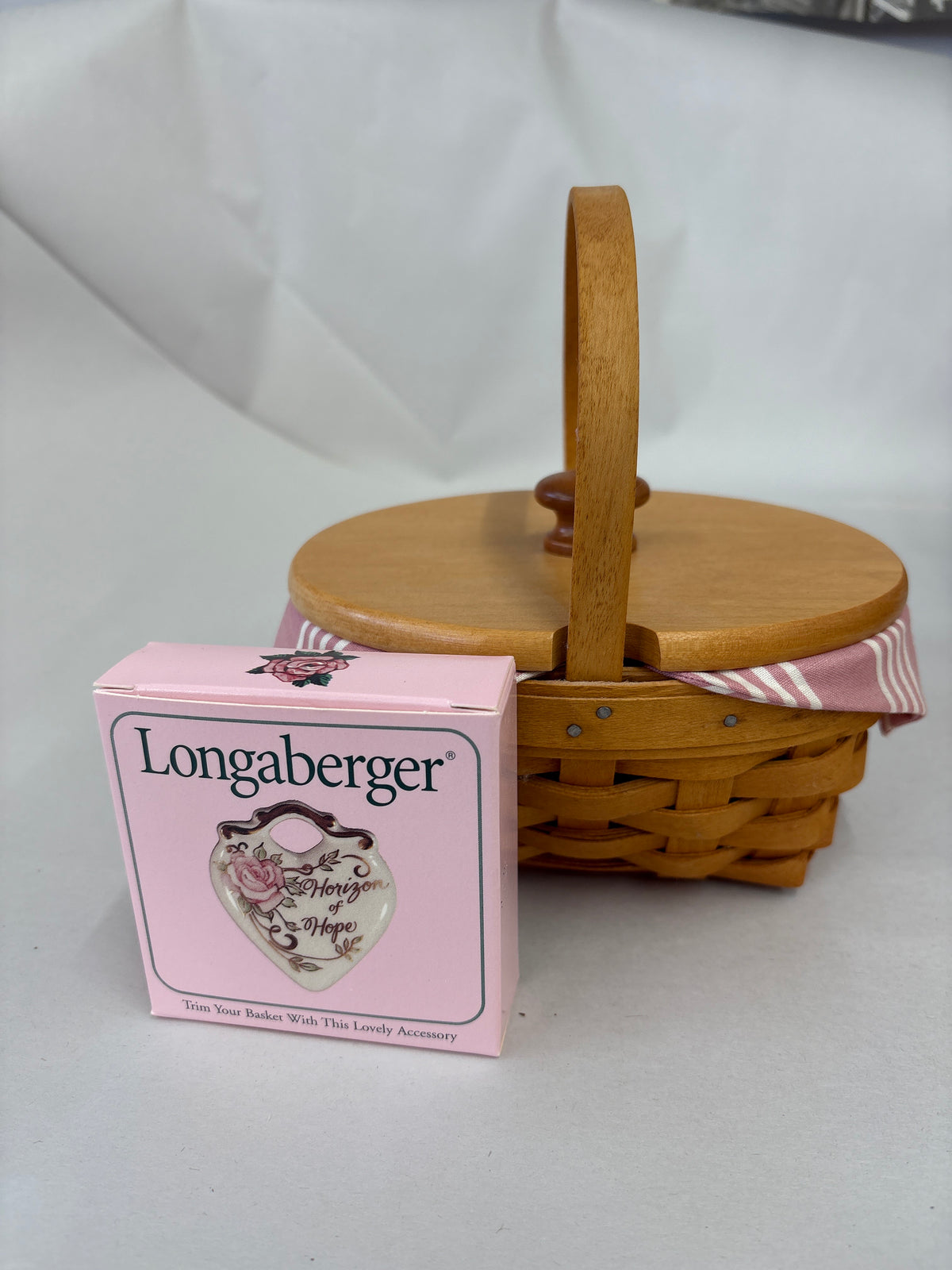 Longaberger 1999 Horizon of Hope Basket with Liner, Protector, Tie on and lid in Warm Brown