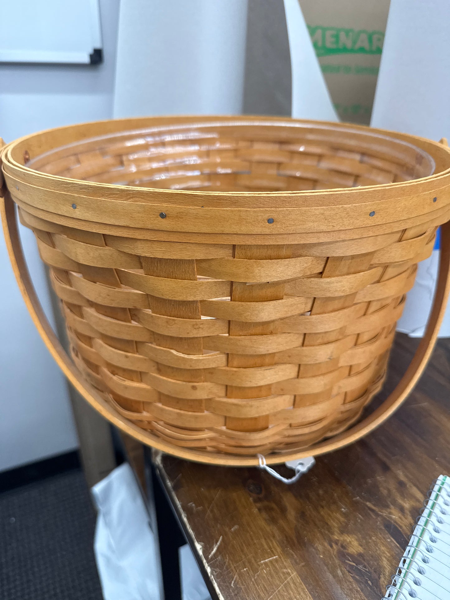Longaberger large fruit basket with protector (has a cracked splint and spots on basket)