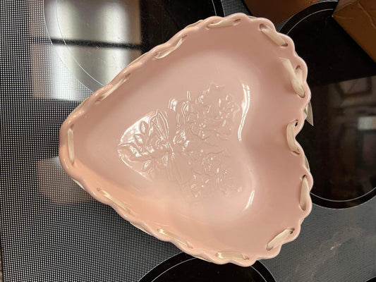 Longaberger Pink Heart Dish with Ribbon