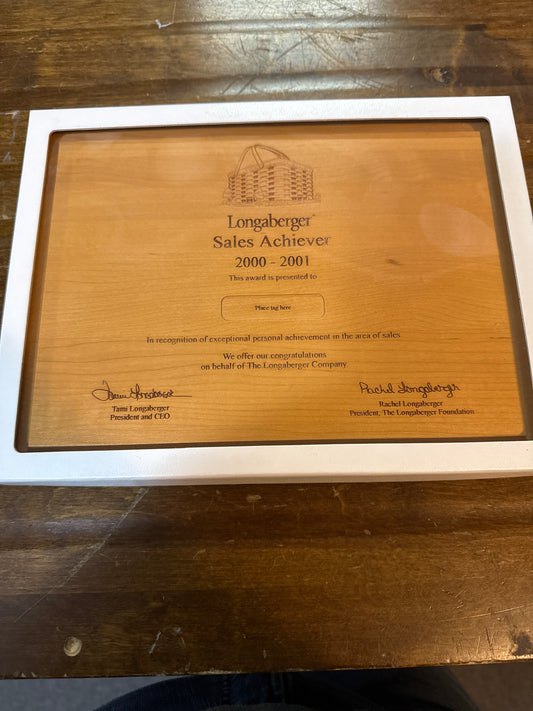 Longaberger sales achiever 2000-2001 plaque