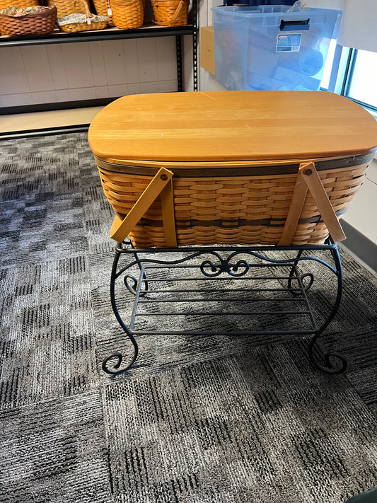 Longaberger traditions basket with lid on wrought iron stand