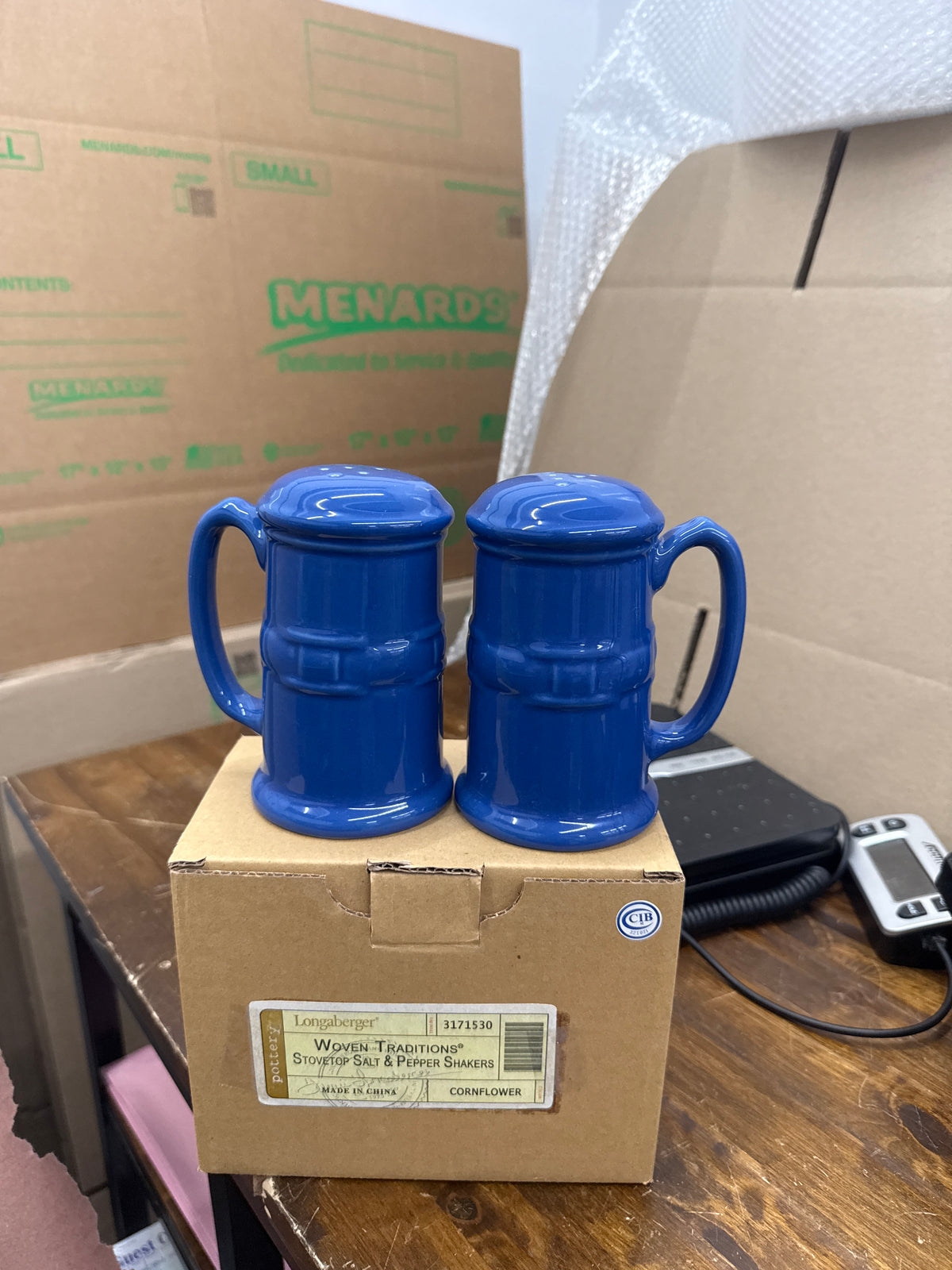 Longaberger stovetop salt and pepper shakers in cornflower