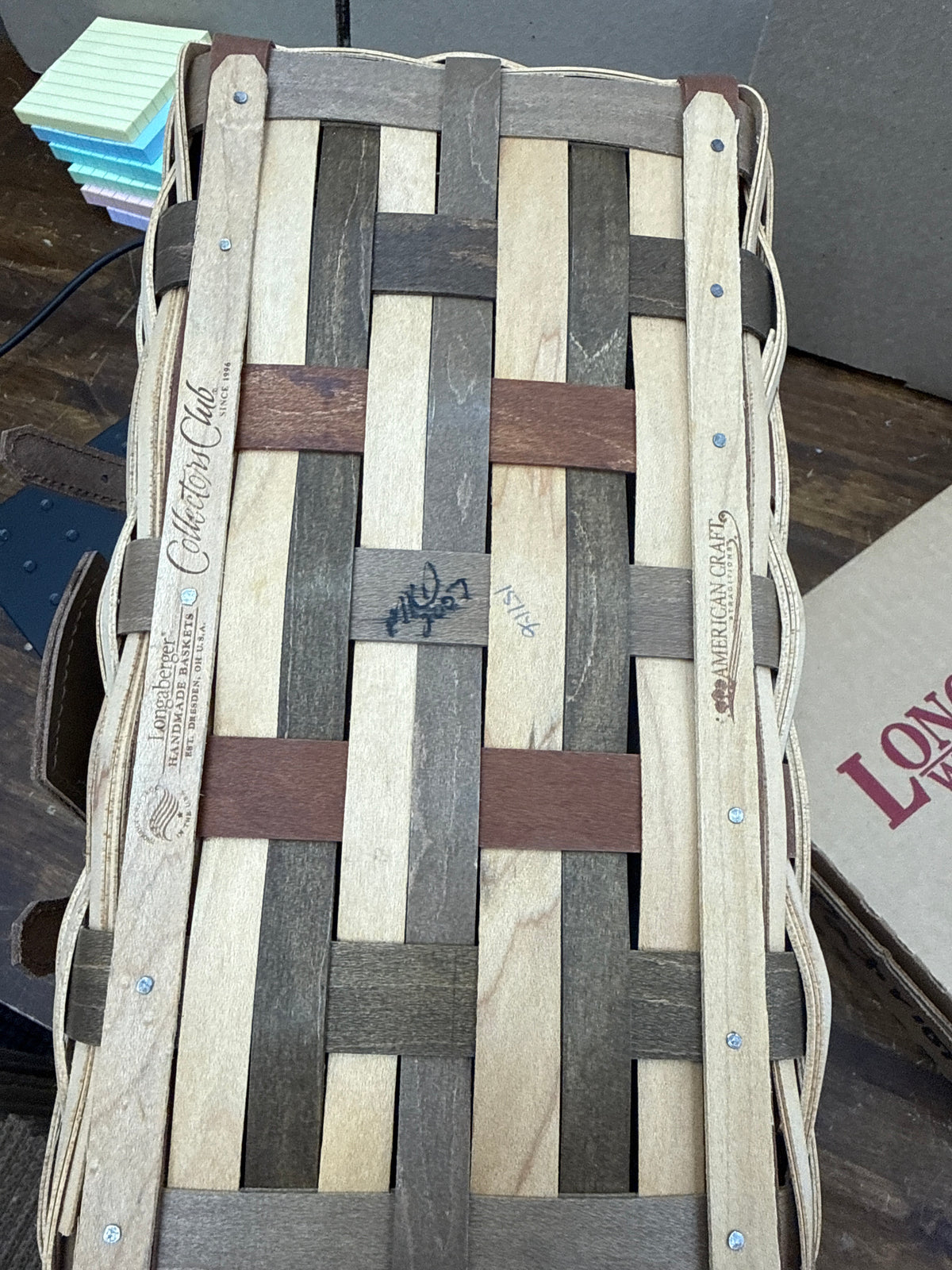 Longaberger collector’s club trunk basket with protector-has splint break in corner as shown
