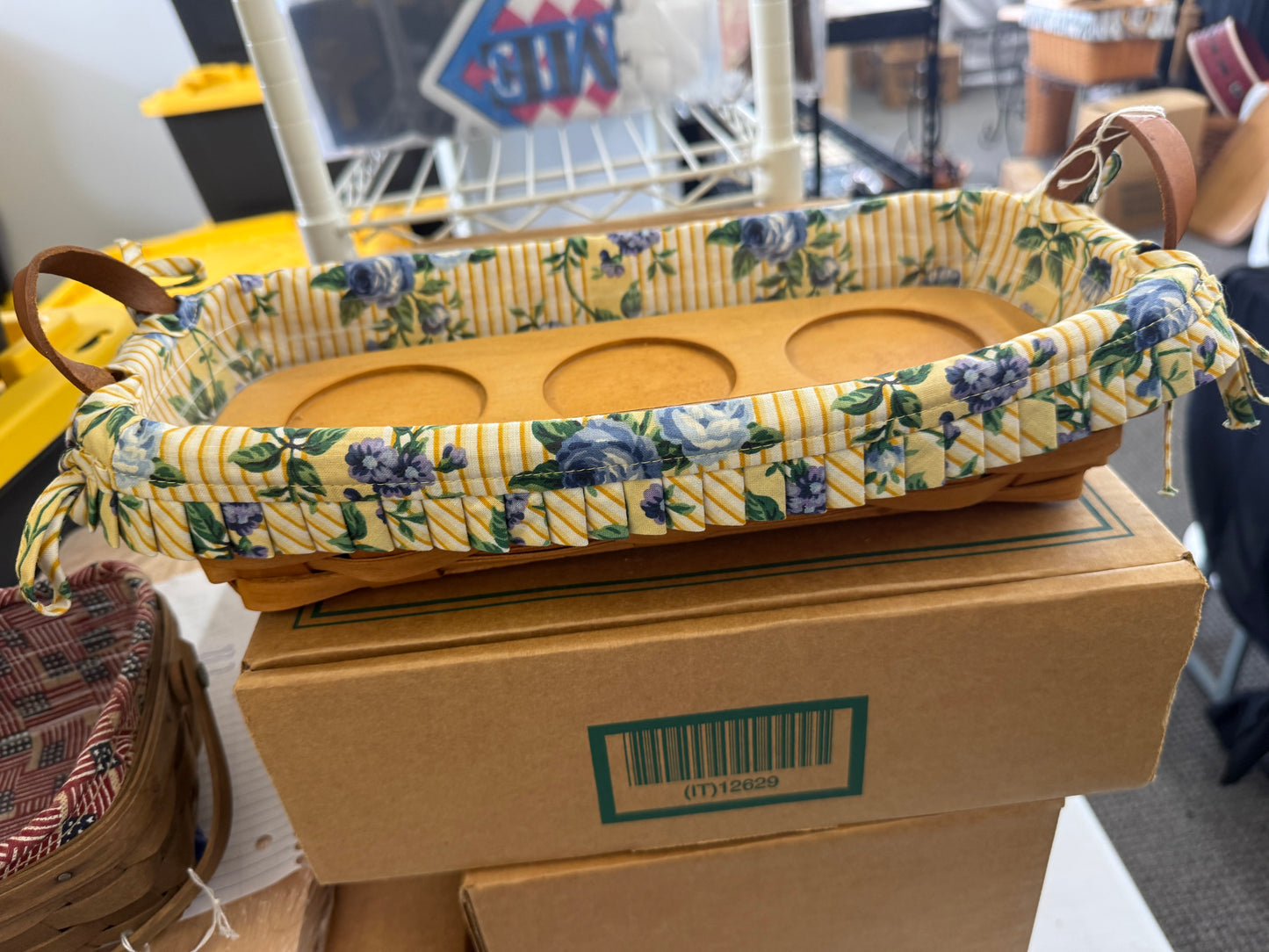 Longaberger flower pot basket with liner, protector, and flower pot wooden insert