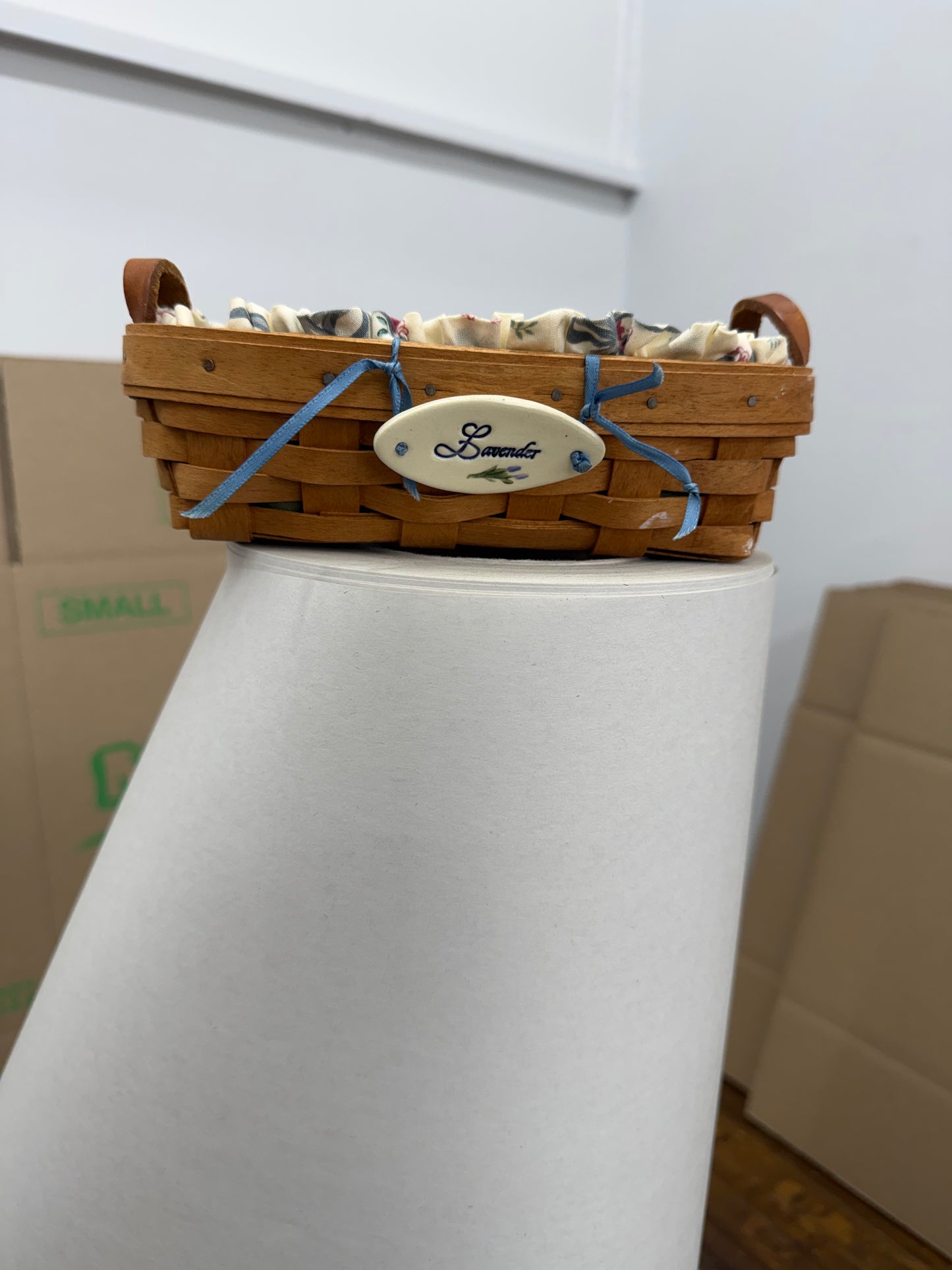 Longaberger lavender basket with liner, tie on, and protector
