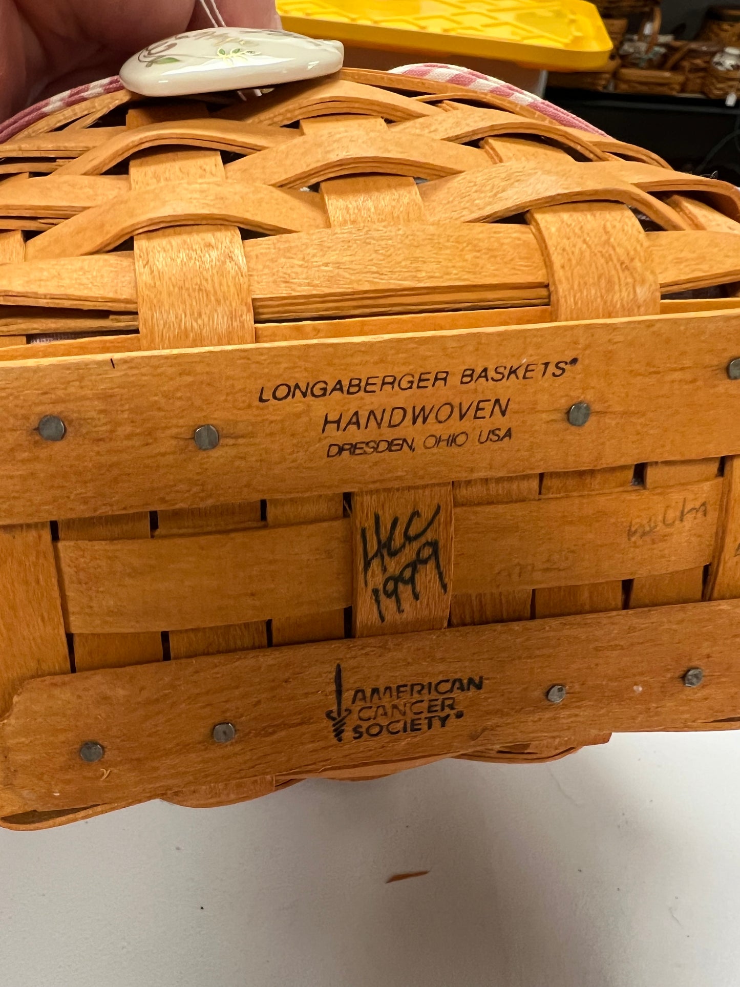 Longaberger 1999 Horizon Of Hope Basket with Lid,Tie on, Liner and Protector