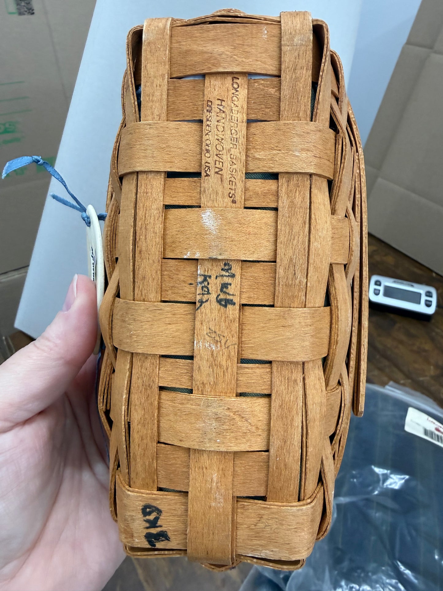 Longaberger lavender basket with liner, tie on, and protector