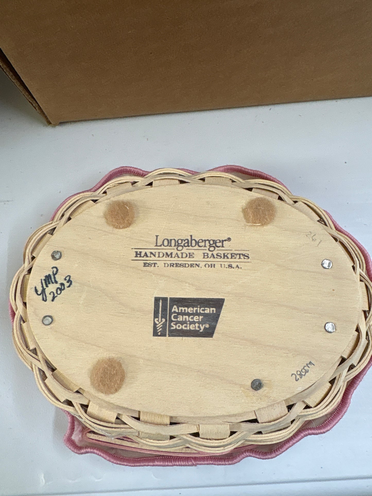 Longaberger 2003 horizon of hope basket with liner, notepad,  and protector