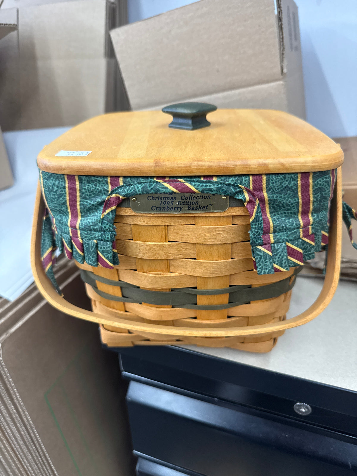Longaberger cranberry basket with lid, liner, and protector