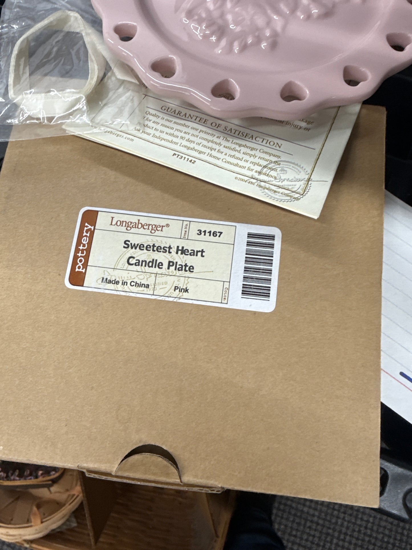 Longaberger sweetest heart candle plate in pink with ivory ribbon