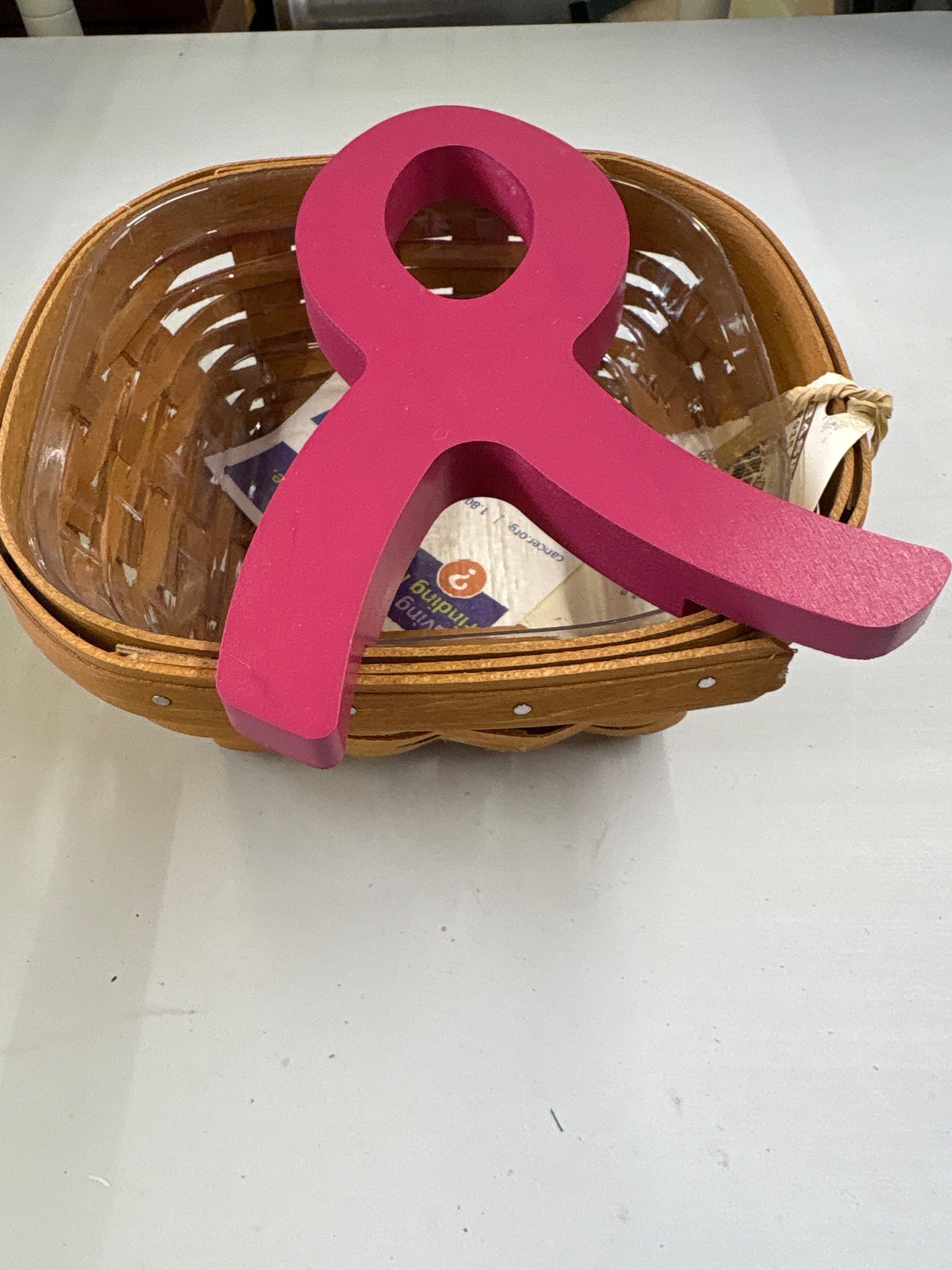 Longaberger 2015 Horizon of Hope Basket with Protector and Pink Ribbon Topper in Warm Brown
