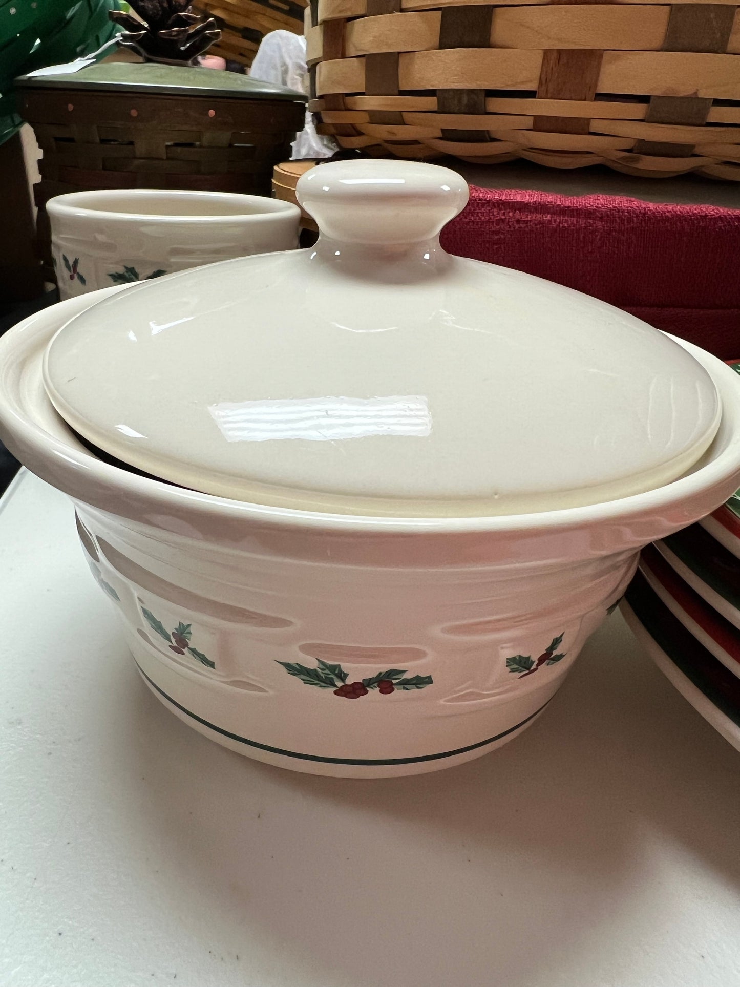 Longaberger traditional holly small covered dish