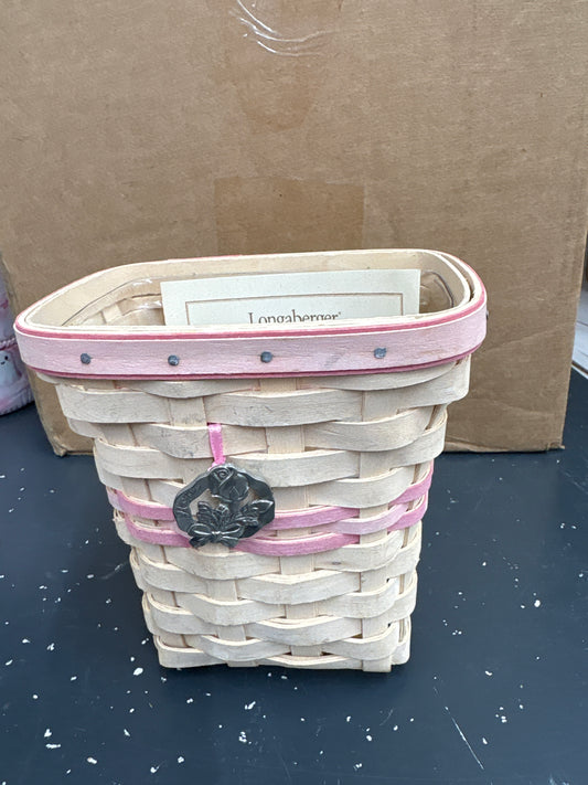 Longaberger 2004 Horizon of Hope Basket with Protector and Tie on in White Wash. A few metal marks on front.