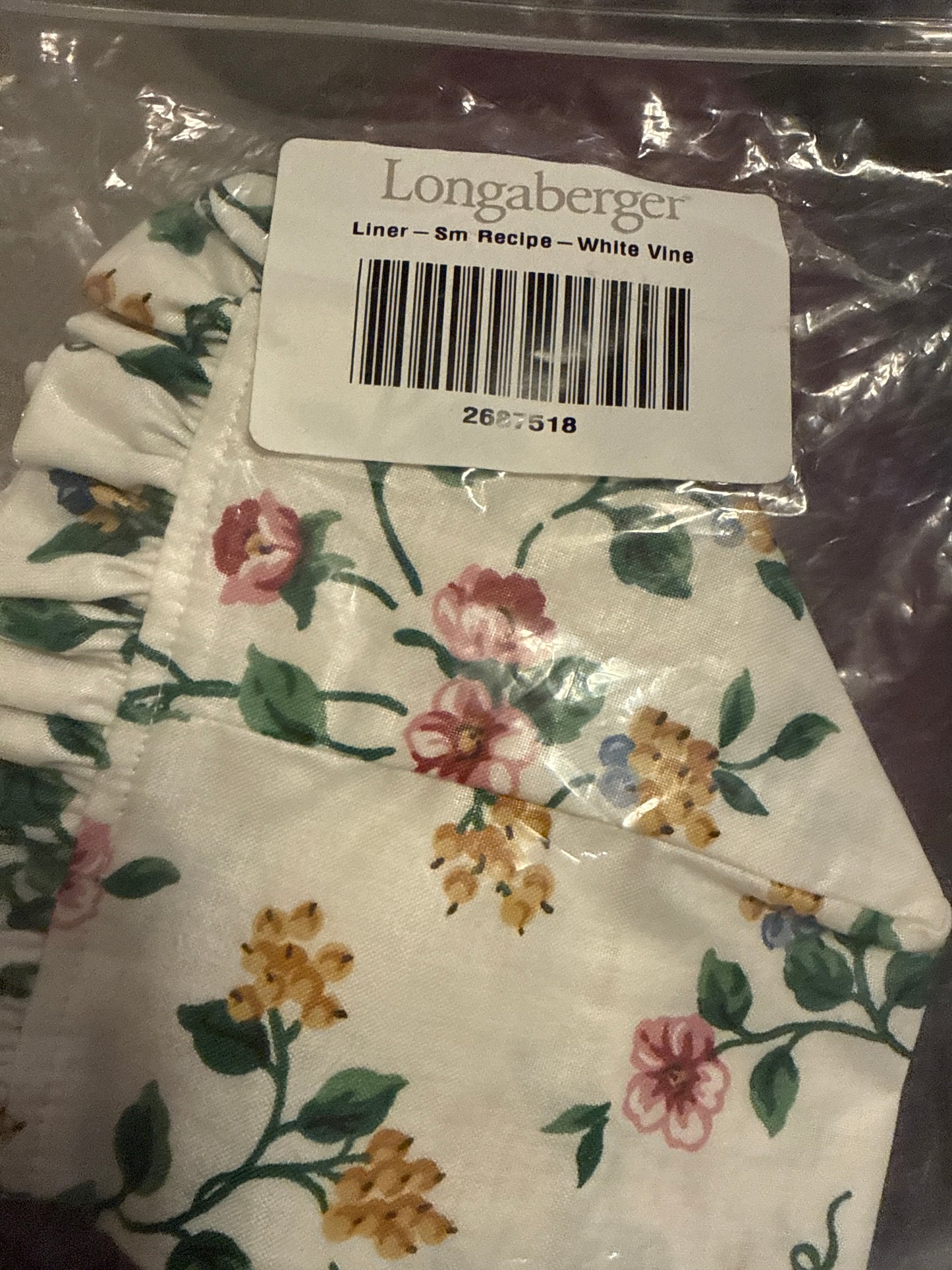 Longaberger small recipe liner in white vine