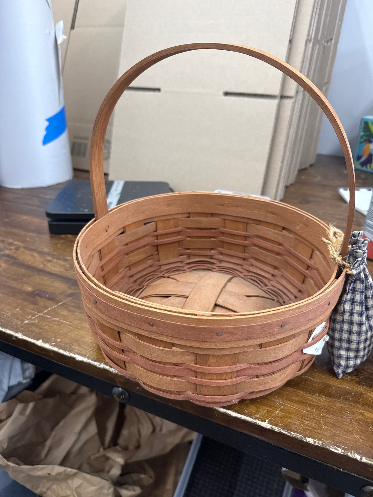 Longaberger 1989 Easter basket with sack of wooden hearts