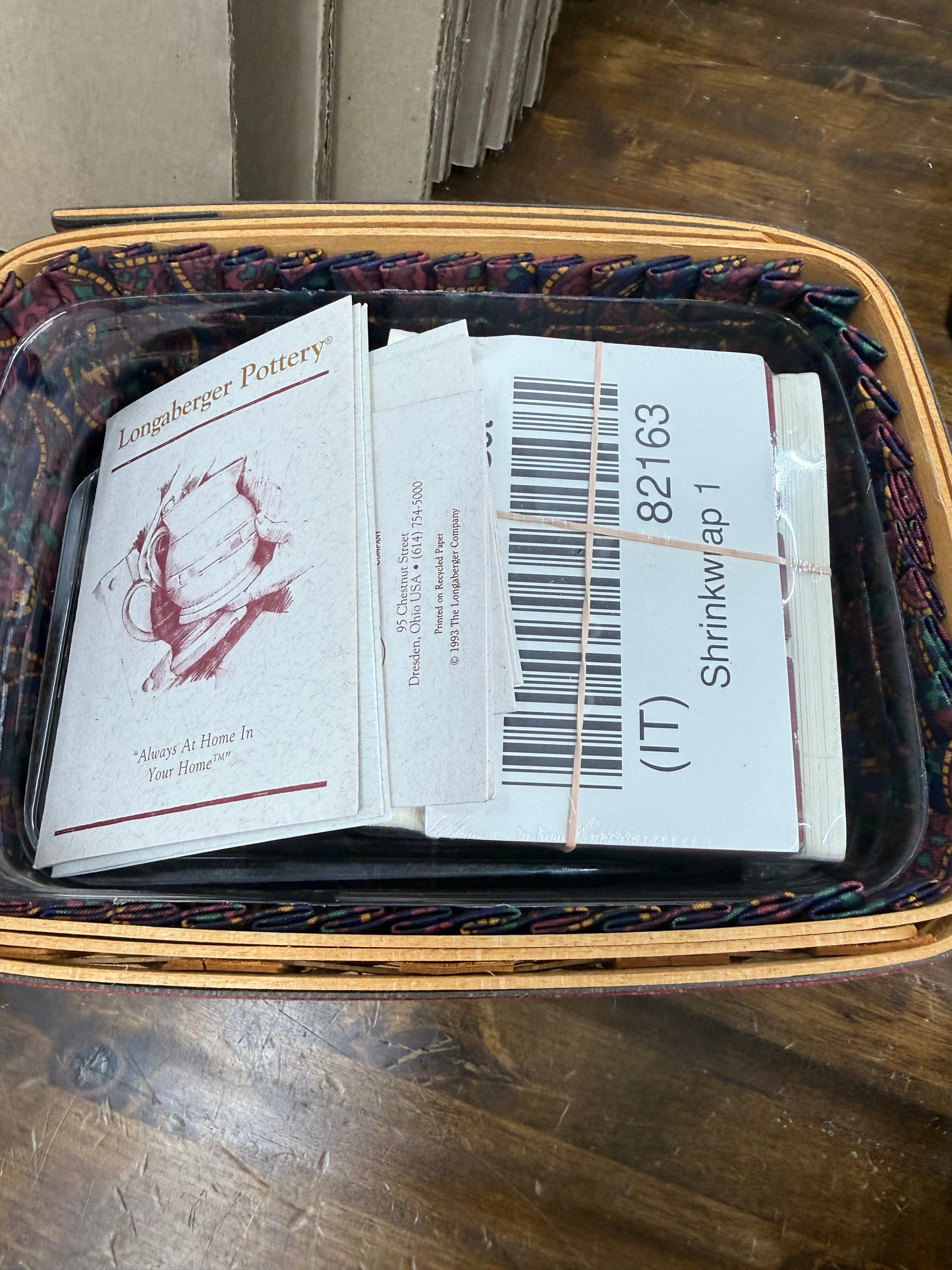 Longaberger Father’s Day address basket with lid, liner, protector, and address cards