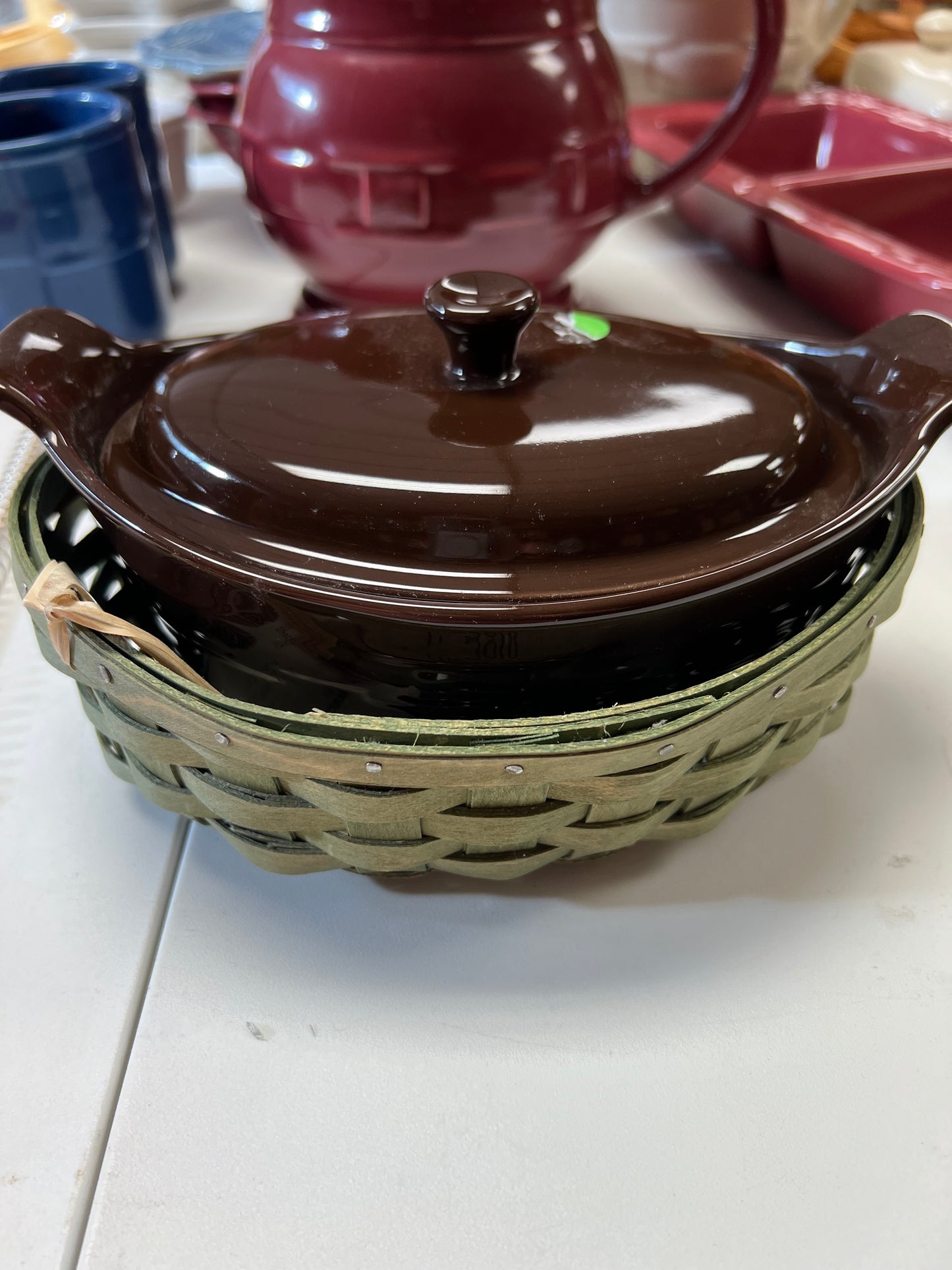 Longaberger small oval covered baking chocolate dish in sage basket