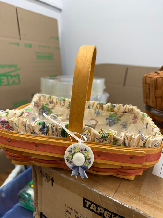 Longaberger early blossoms basket with liner, protector, and tie on