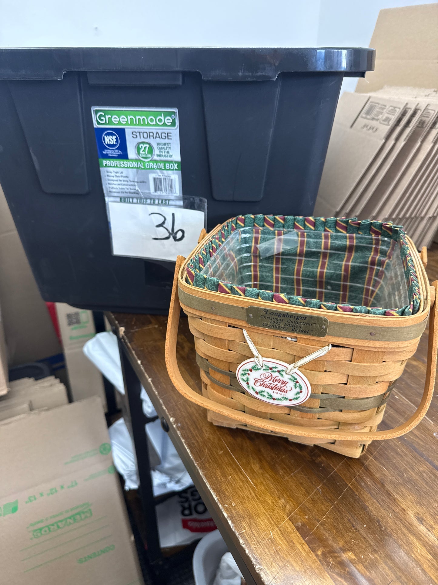 Longaberger cranberry basket with liner and protector and tie on