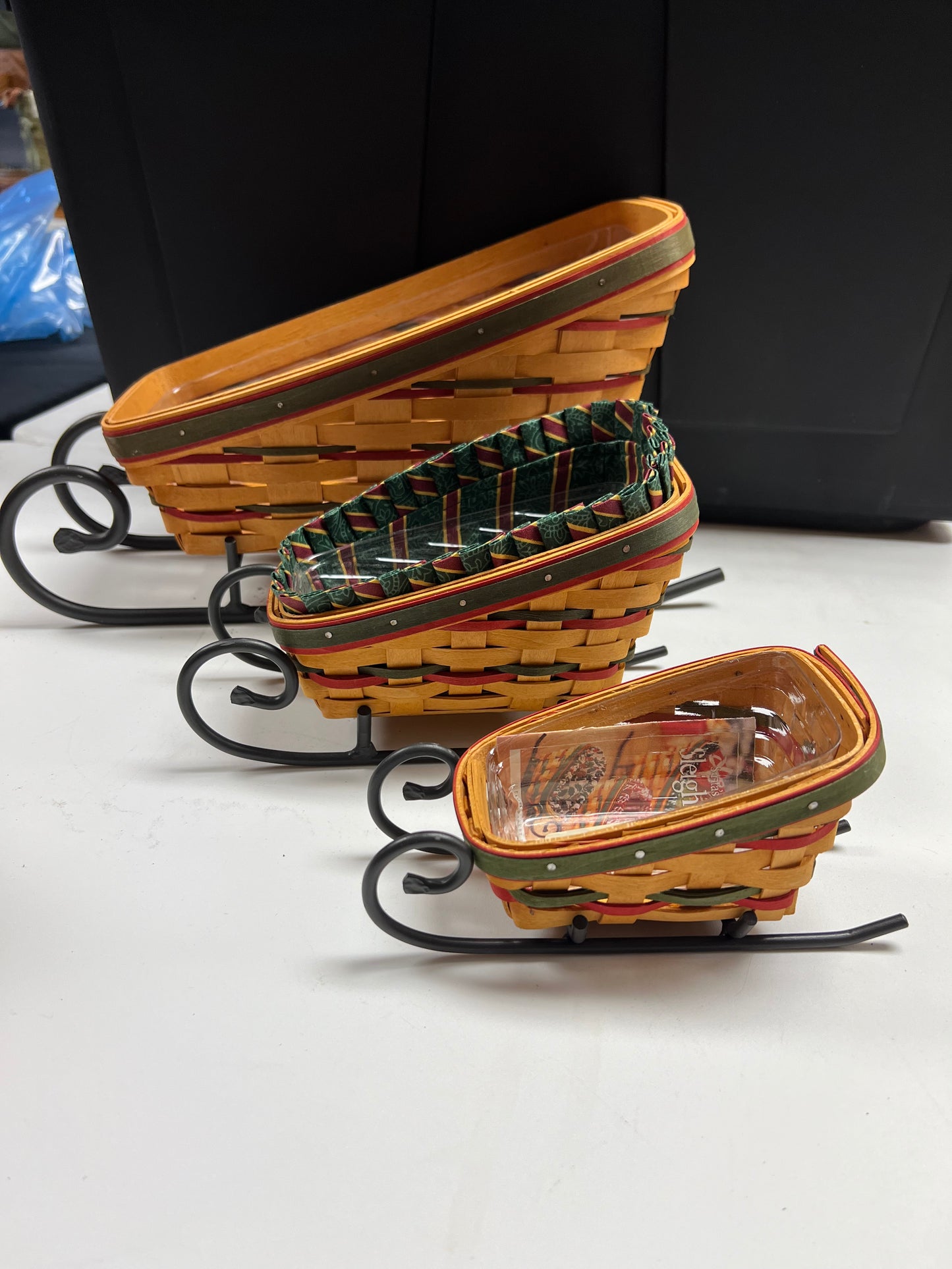 Longaberger set of 3 sleigh baskets with wrought iron runners & protectors