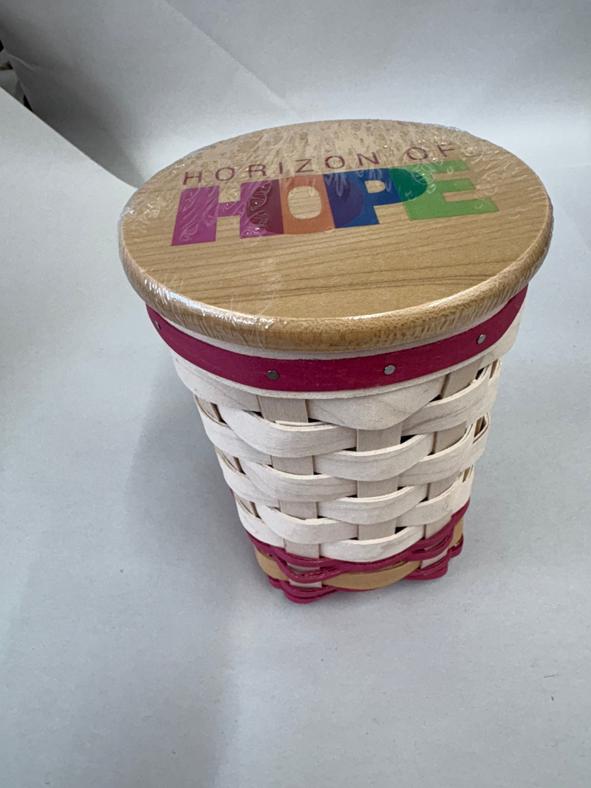 Longaberger 2017 Horizon of Hope Basket with Protector and Lid with Hope Decal, White Wash with Color