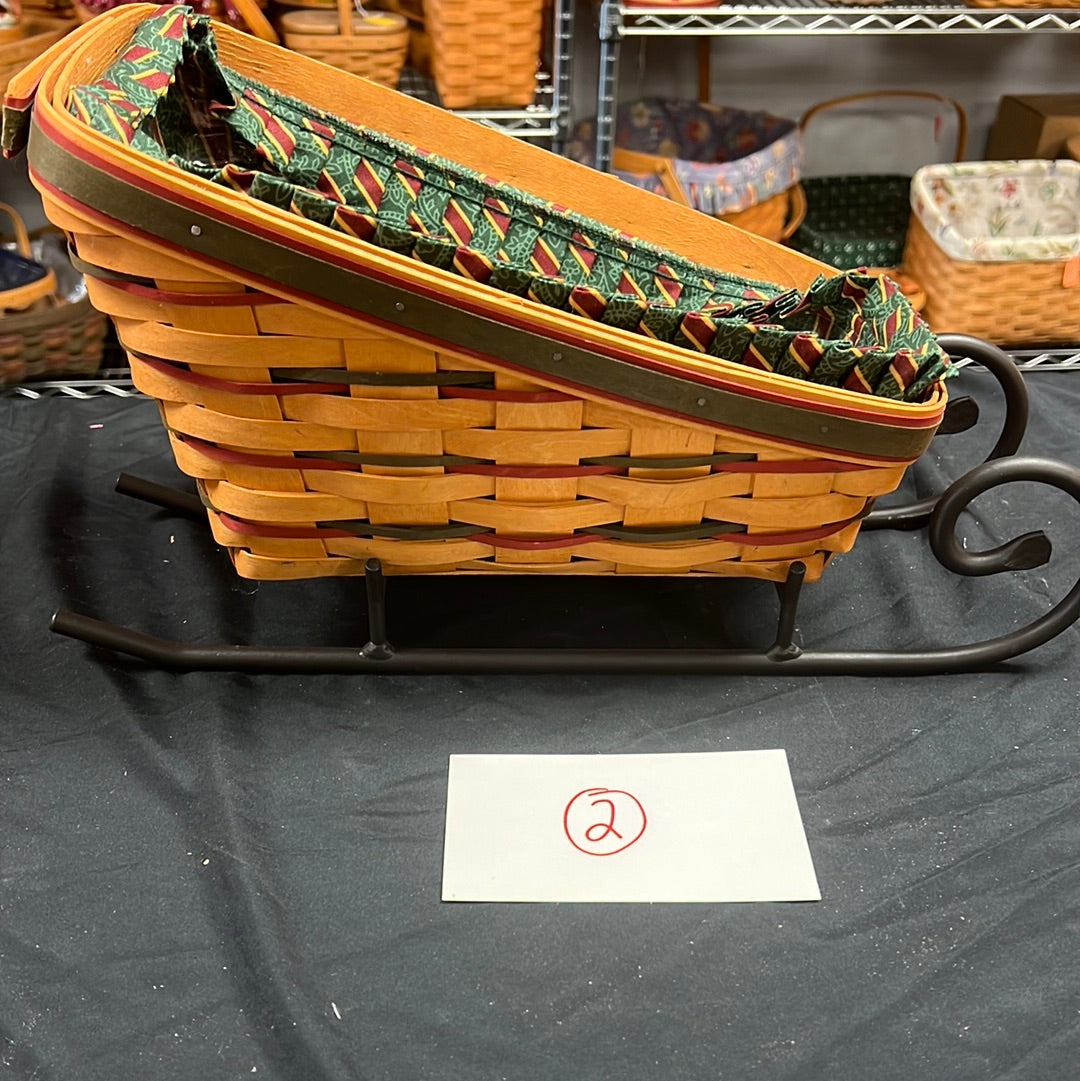 Longaberger large sleigh basket with wrought iron sleigh runners, liner  & protector