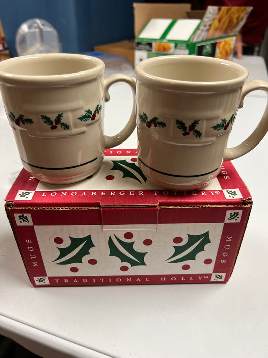 Longaberger set of two Holly mugs