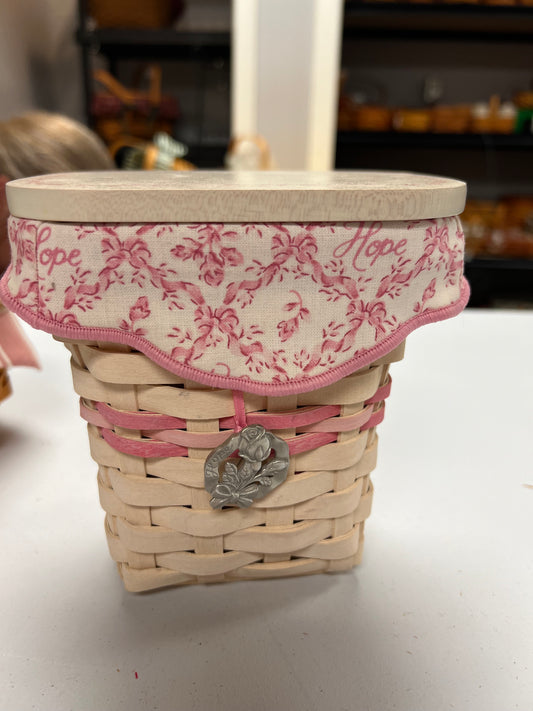 Longaberger 2004 Horizon of Hope Basket vase with Lid, Liner, Tie on & Protector