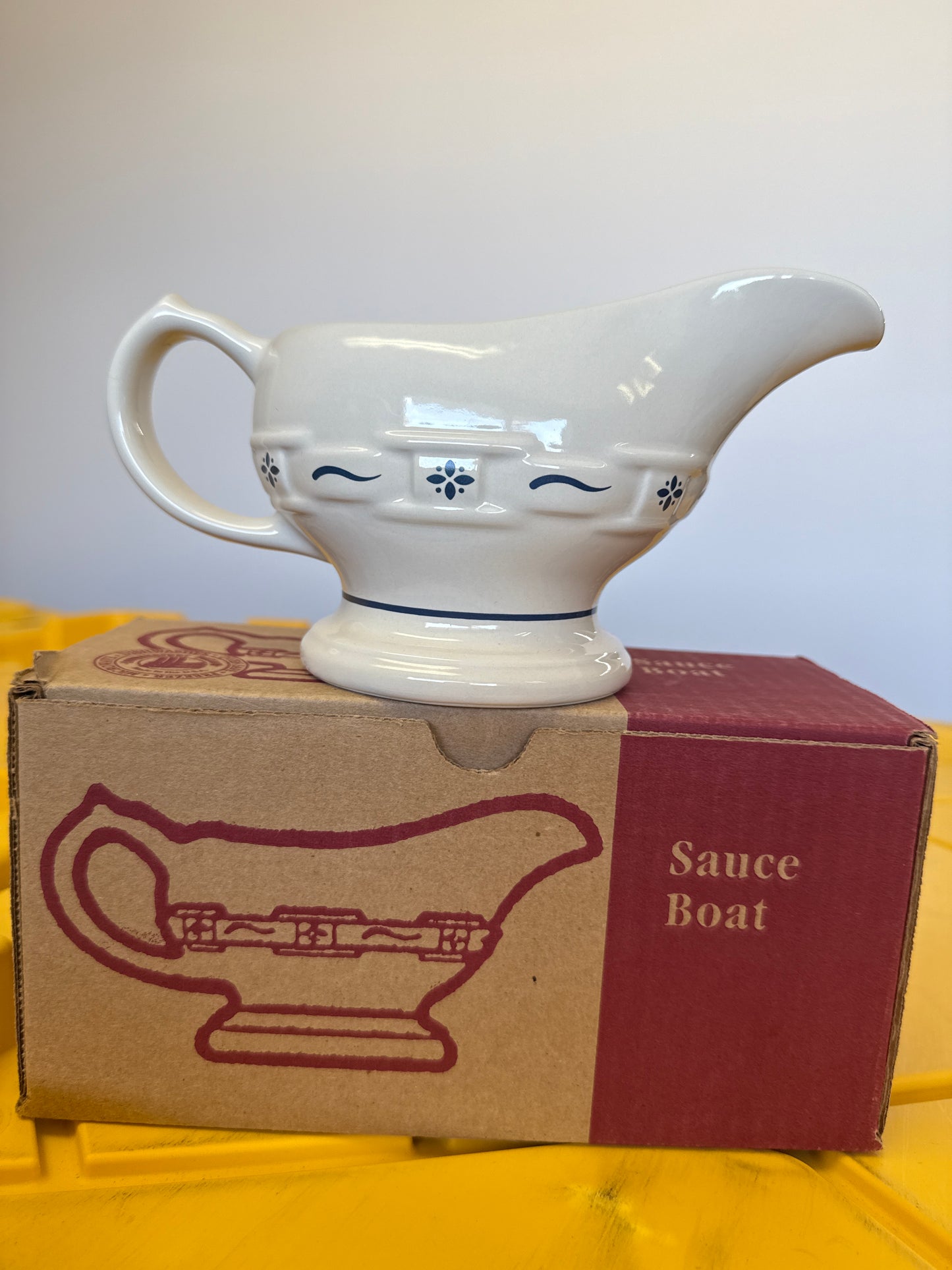 Longaberger sauce boat in traditional blue