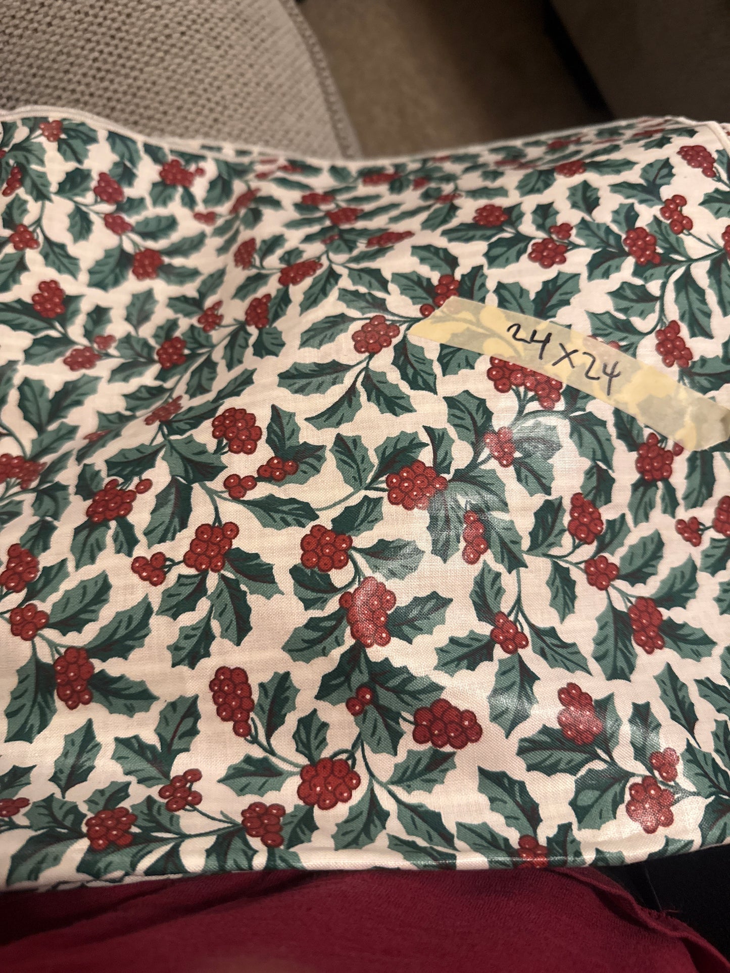Longaberger 24” by 24” Reversible Fabric Square in holly/red berrystripe