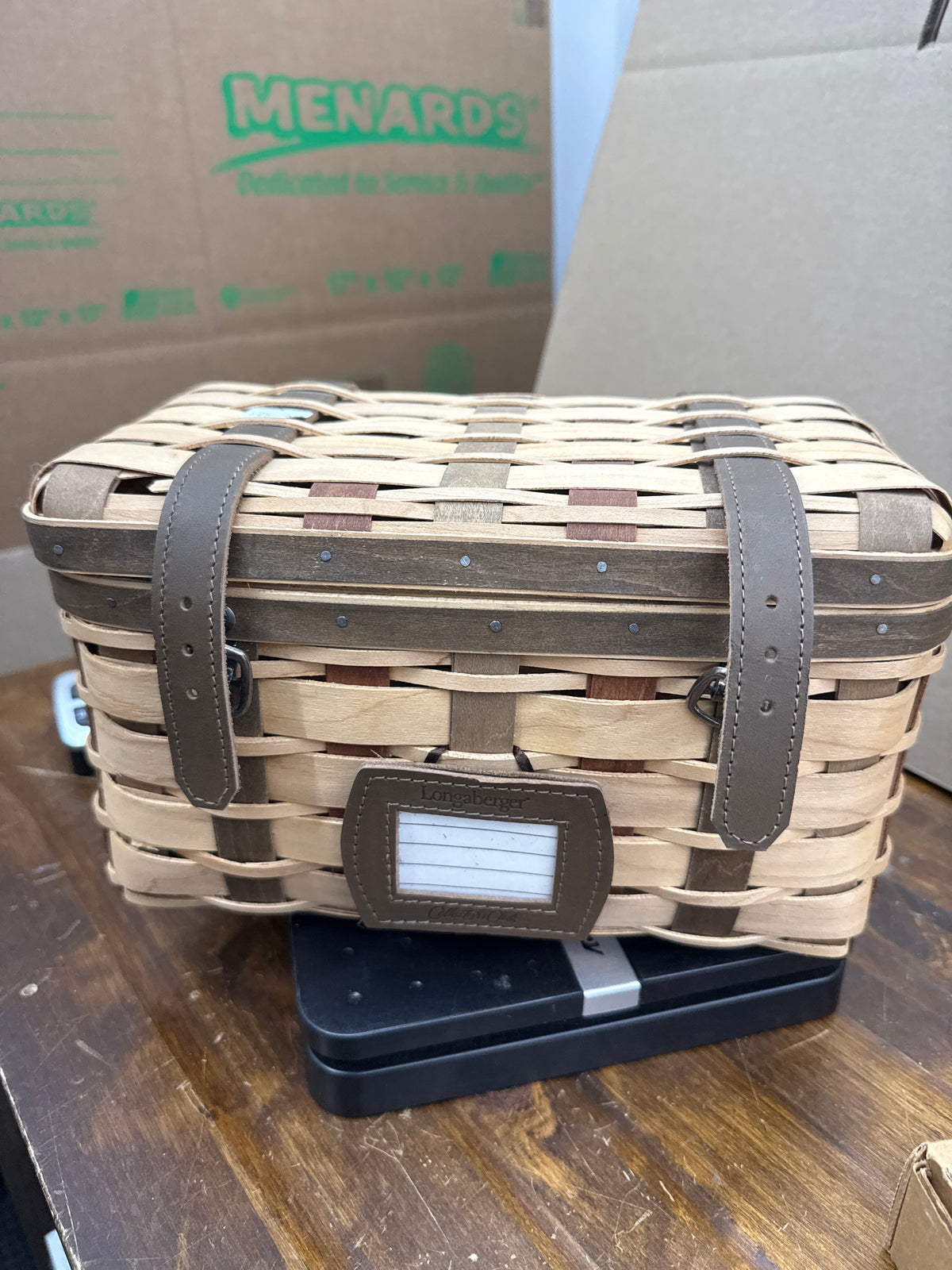 Longaberger collector’s club trunk basket with protector-has splint break in corner as shown