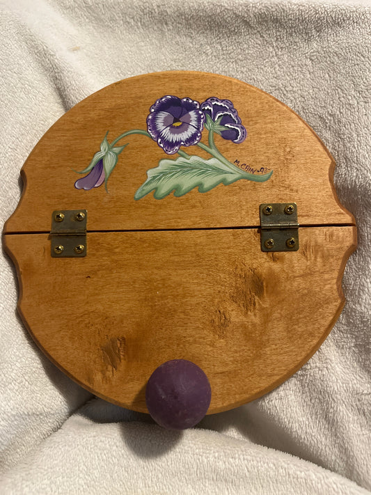 Wooden 7.5” round lid — purple flower design & knob