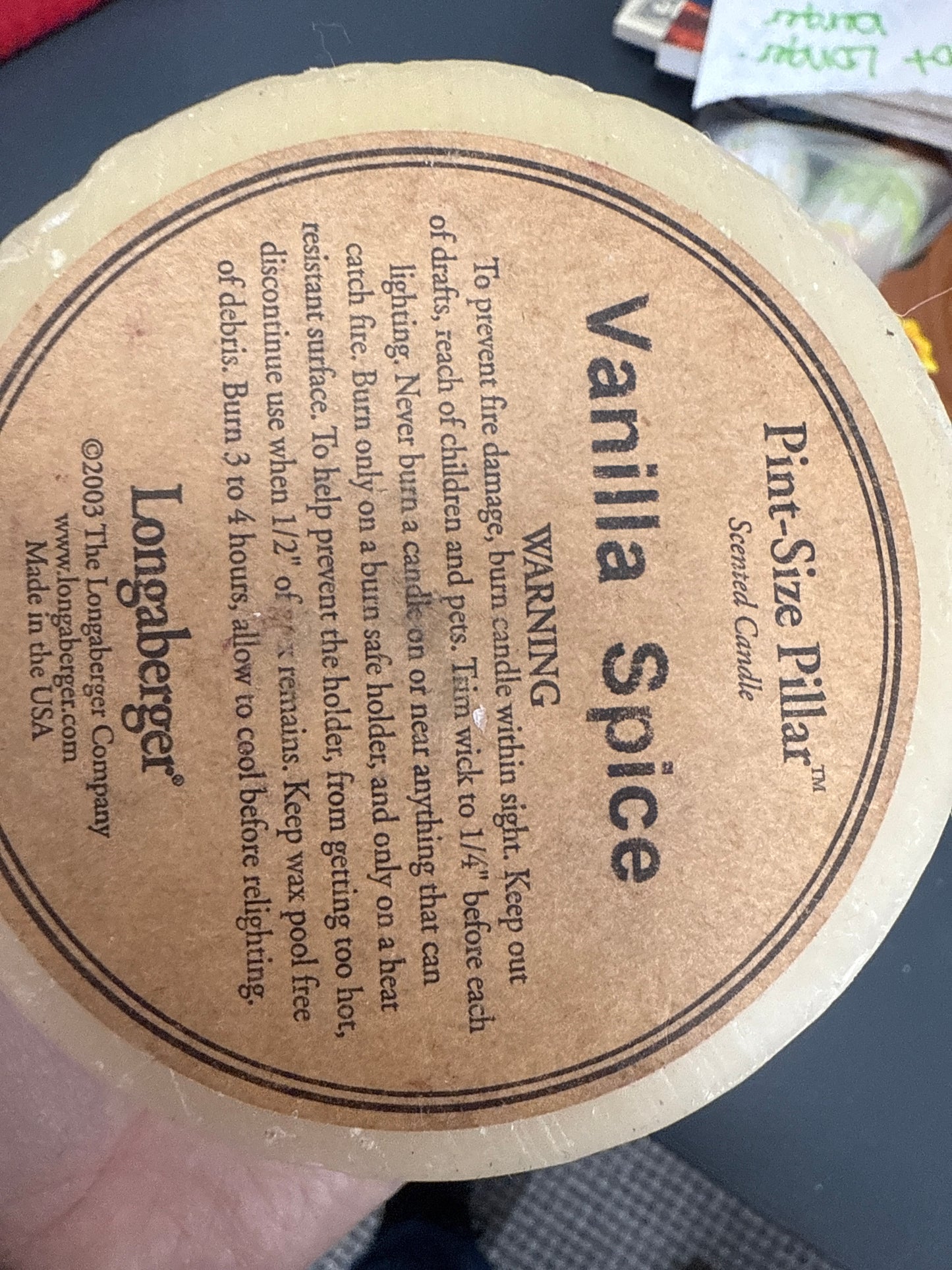 Longaberger pint size pillar candle in vanilla spice