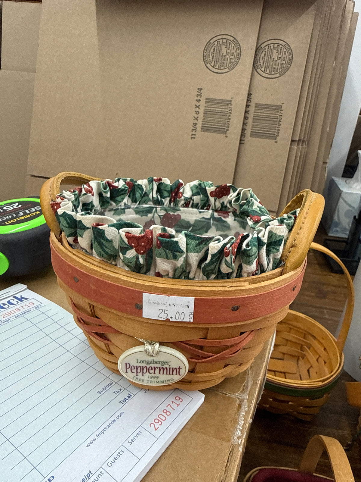 Longaberger 1999 tree trimming peppermint basket with liner, protector, and tie on