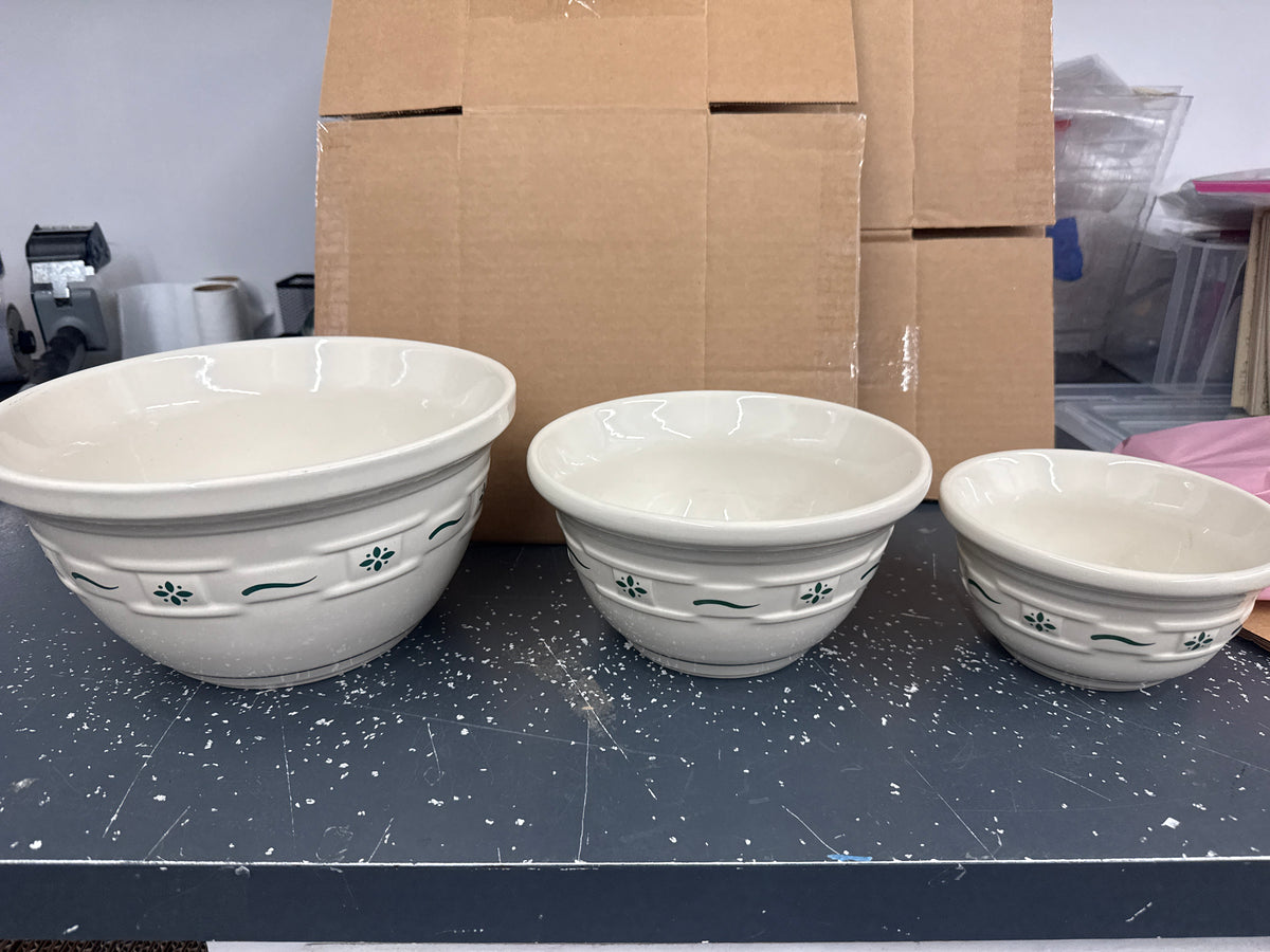 Longaberger set of 3 bowls in heritage green (L, M, S)-does have some utensil marks in them)