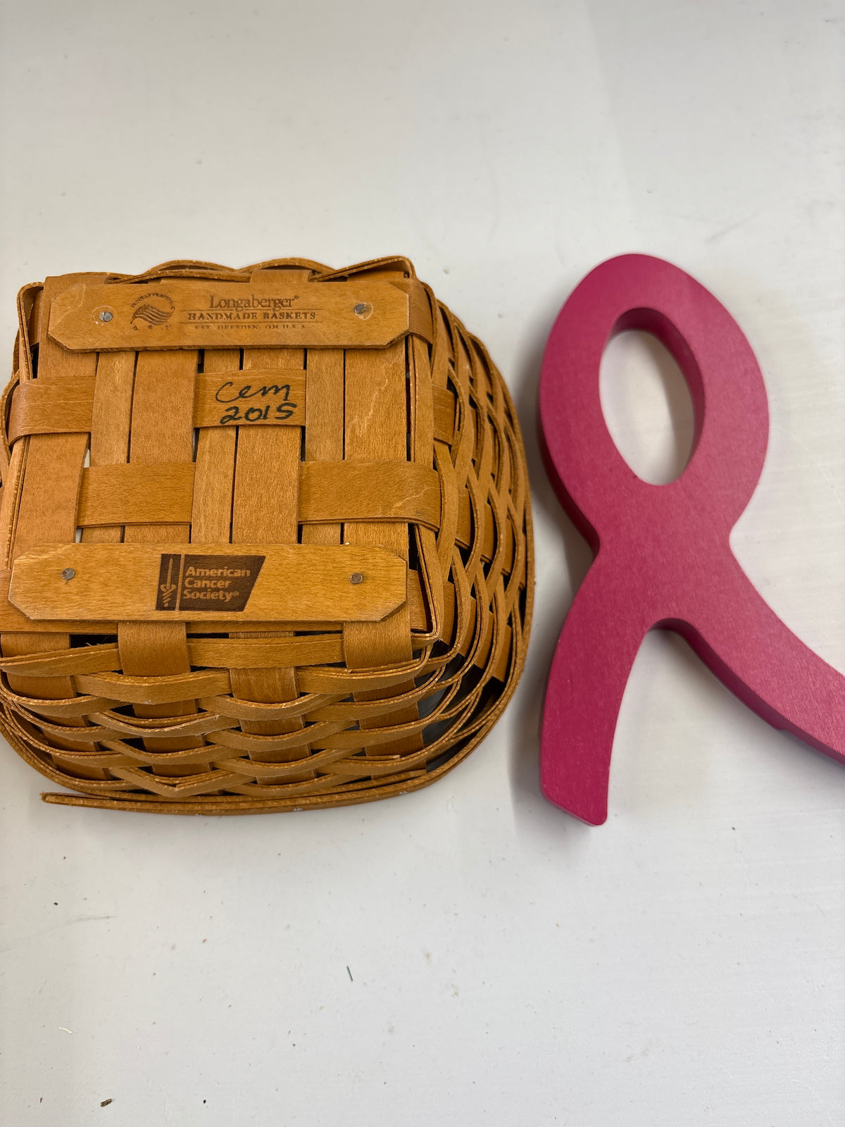 Longaberger 2015 Horizon of Hope Basket with Protector and Pink Ribbon Topper in Warm Brown