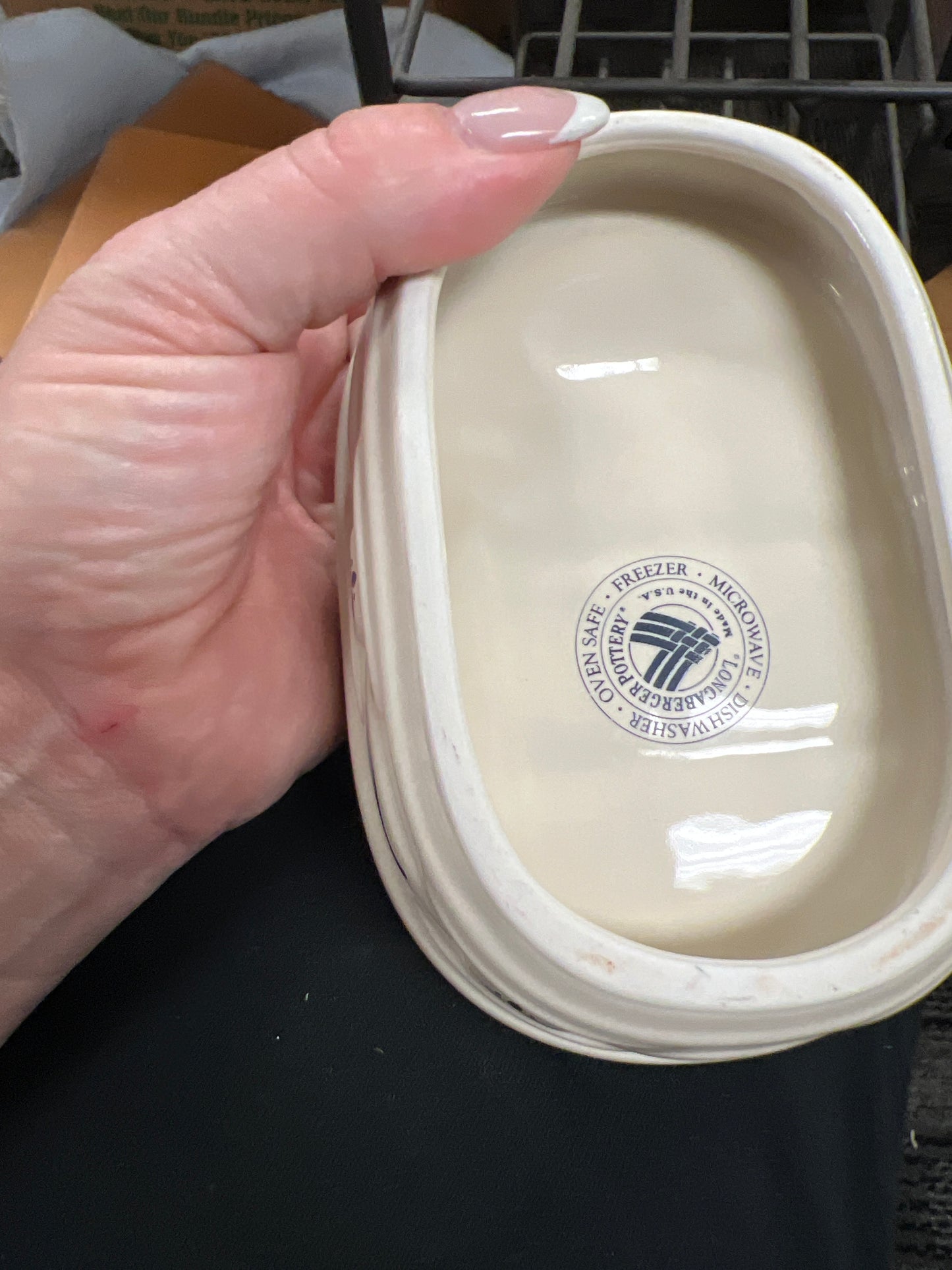 Longaberger soap dish in classic blue