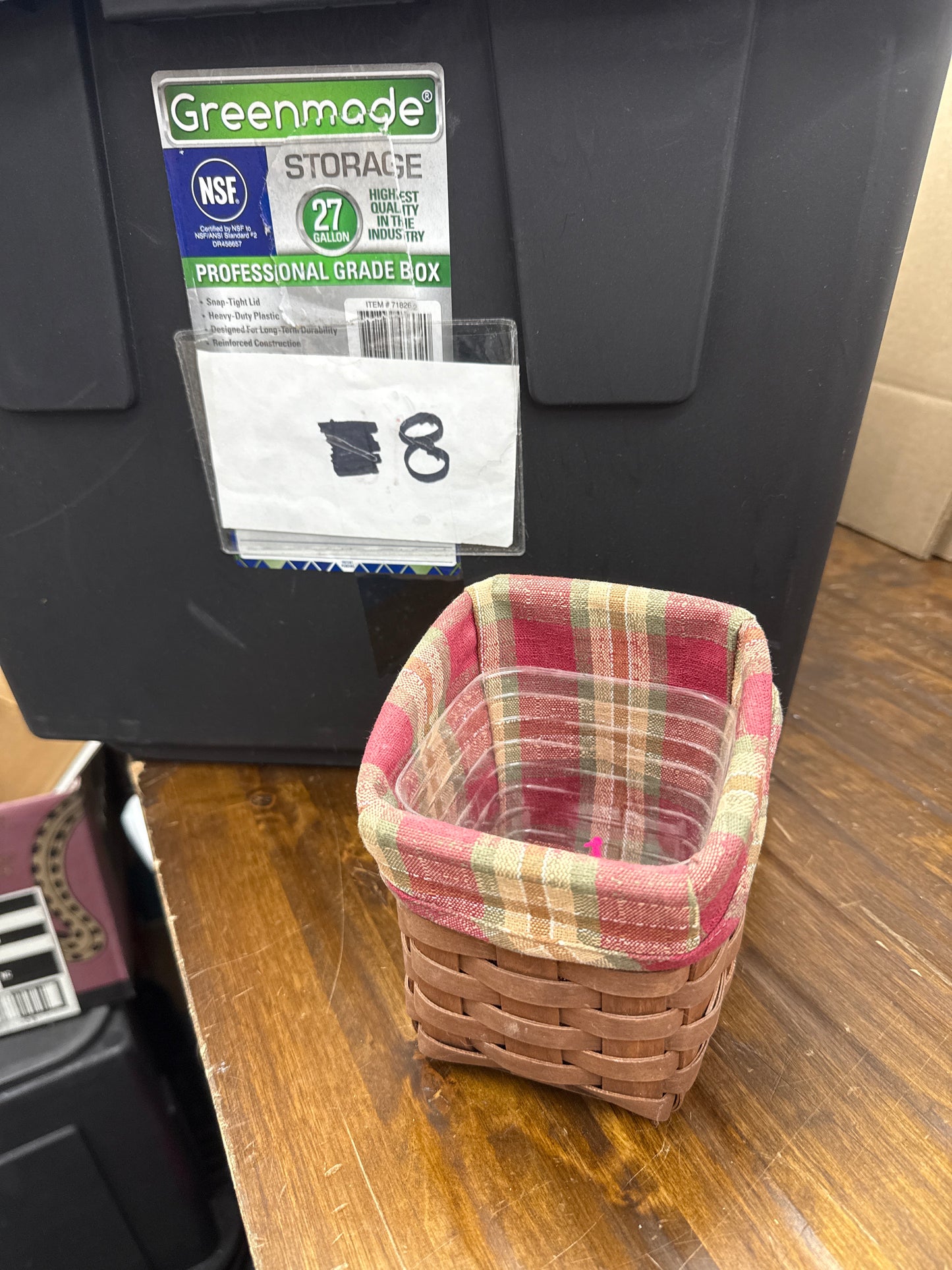 Longaberger tapered pencil basket with liner and protector ( protector has some paint on it)