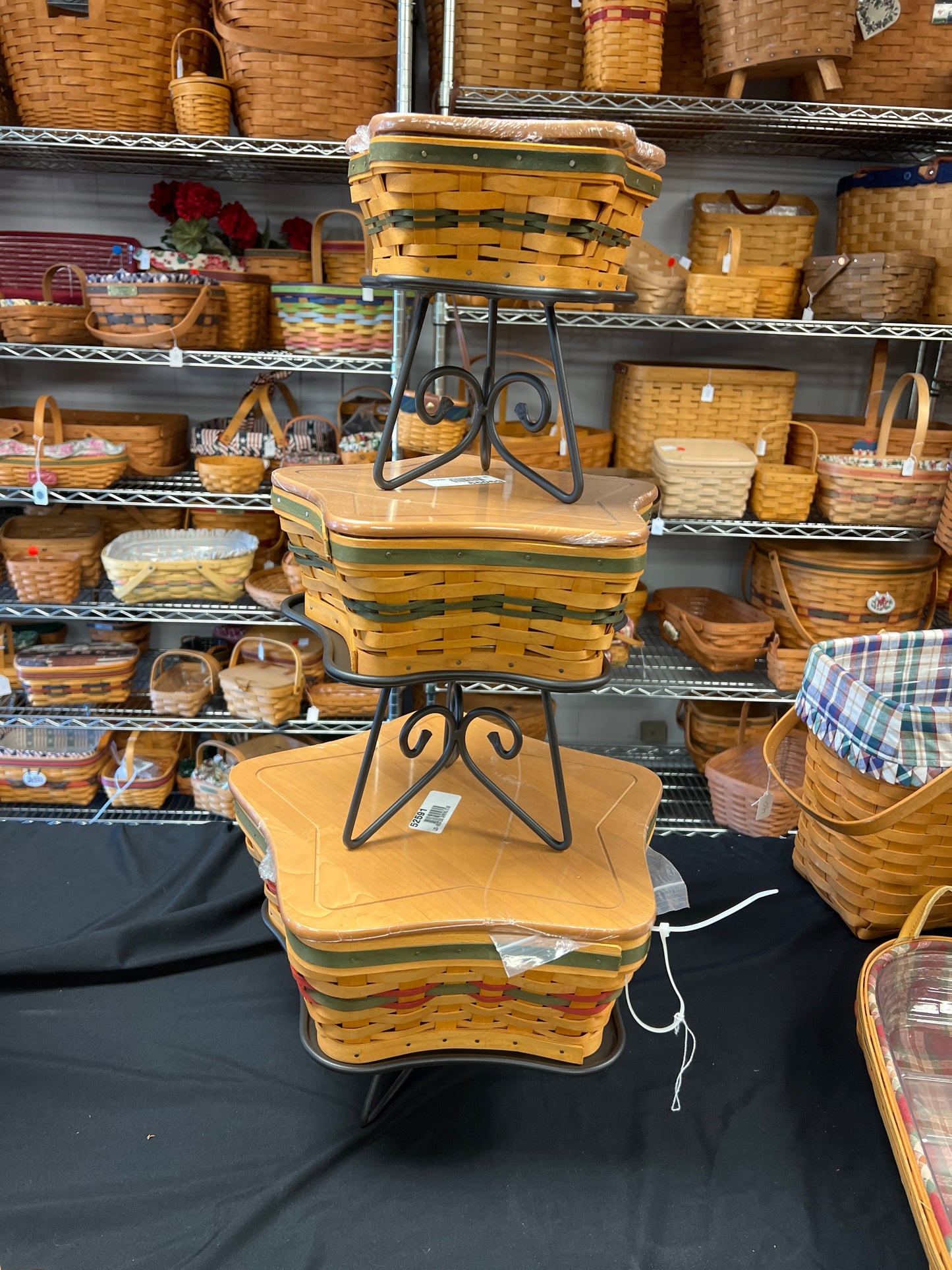 Longaberger set of 3 star basket with wrought iron, lids, liners & protectors