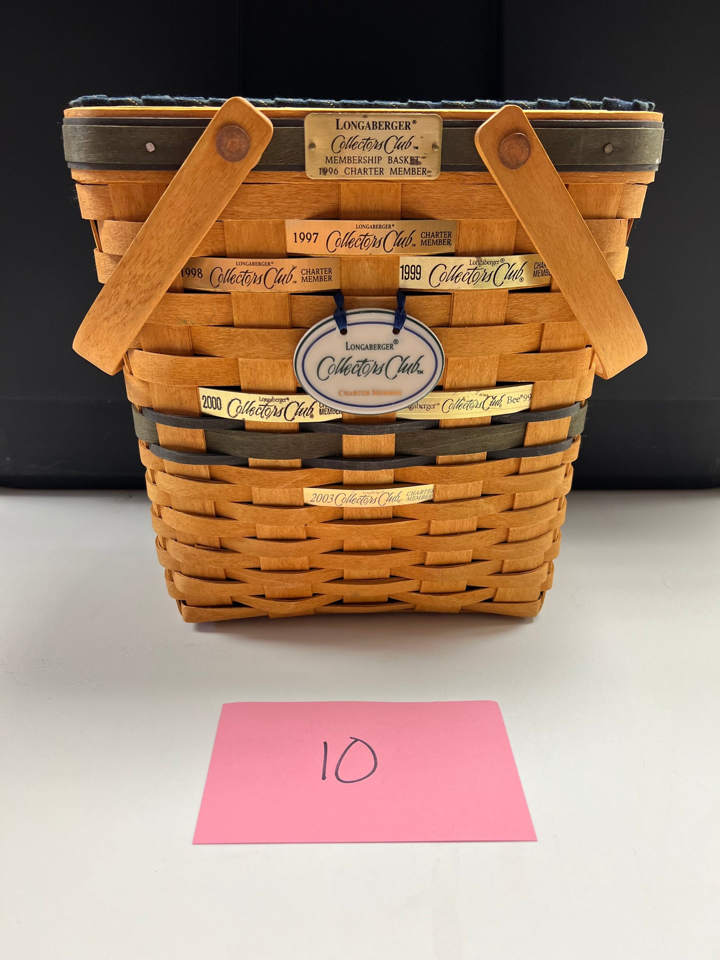 Longaberger Collectors Club Membership Basket 1996 Charter Member with Liner, Protector and Tie On