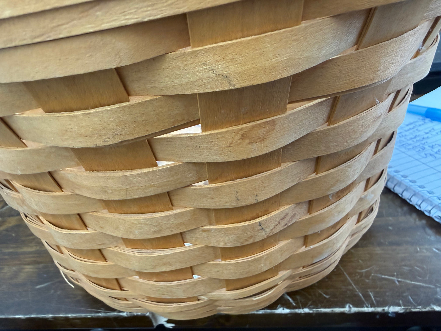 Longaberger large fruit basket with protector (has a cracked splint and spots on basket)