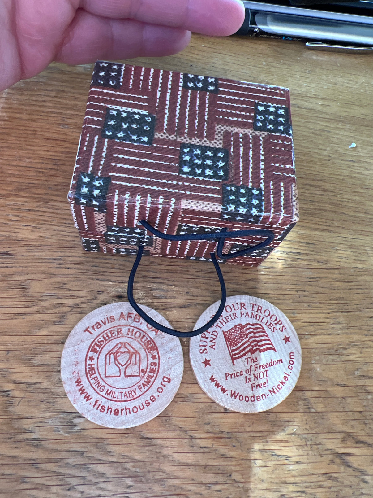 Homestead old glory small case with support our troops wooden coins
