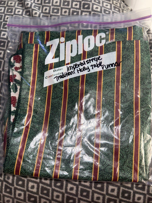 Longaberger reversible table runner in Holly & Imperial stripe