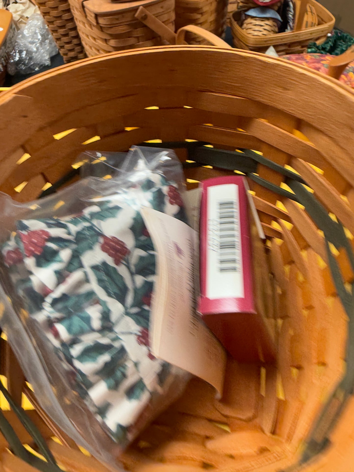 Longaberger jingle bell with lid,liner, and tie on