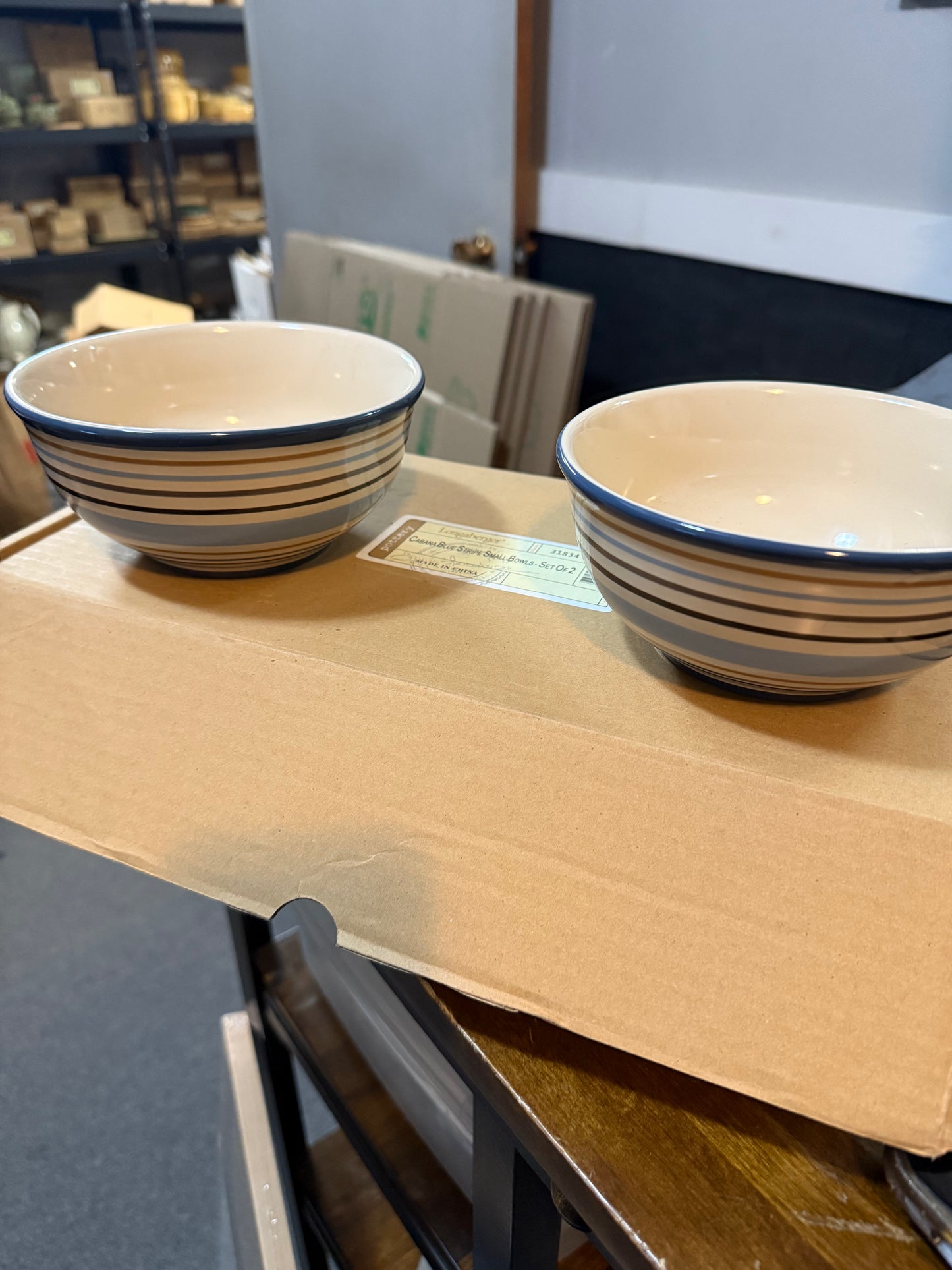 Longaberger cabana blue stripe small bowls set of 2