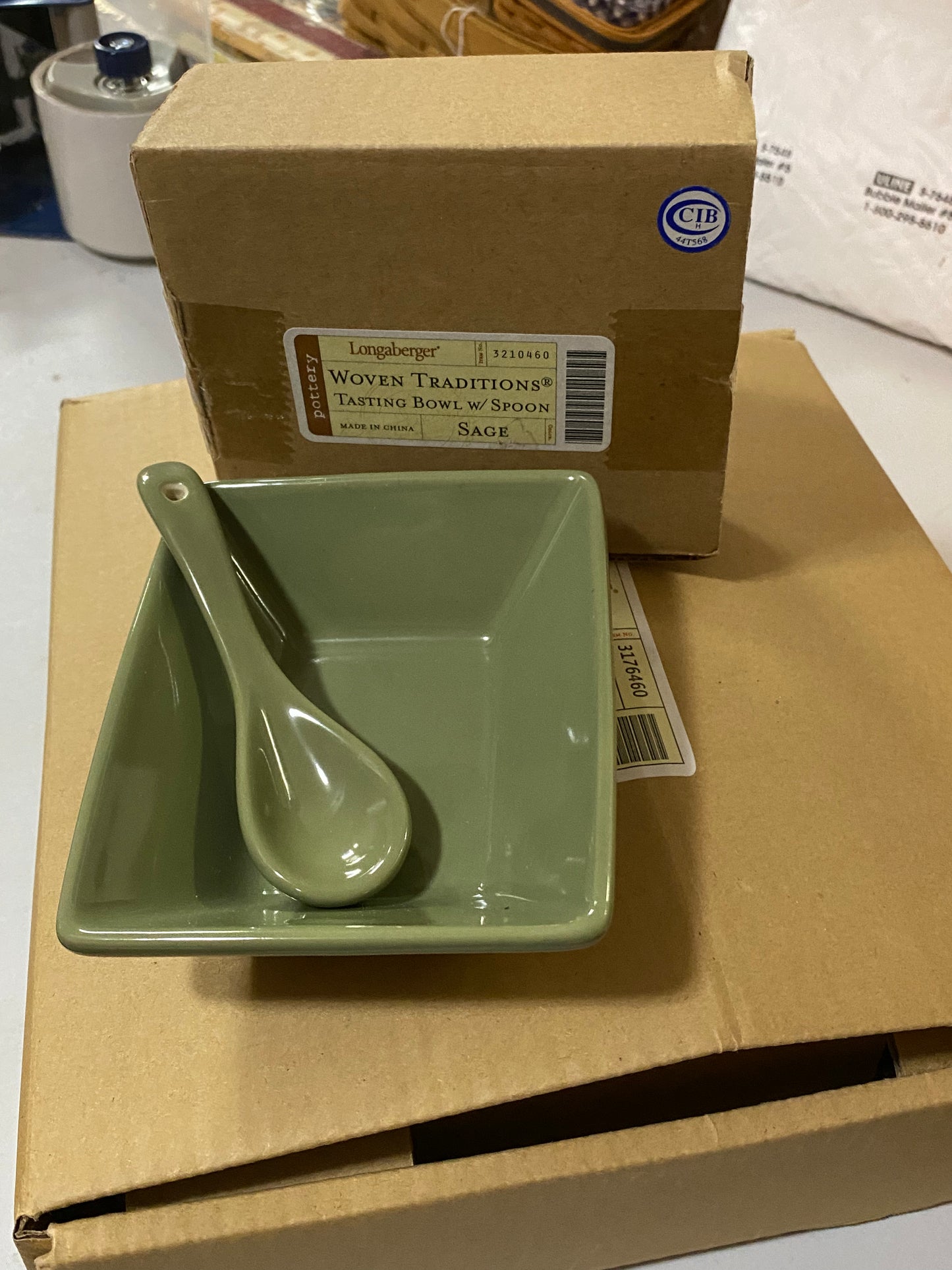 Longaberger WT tasting bowl w/ spoon in sage