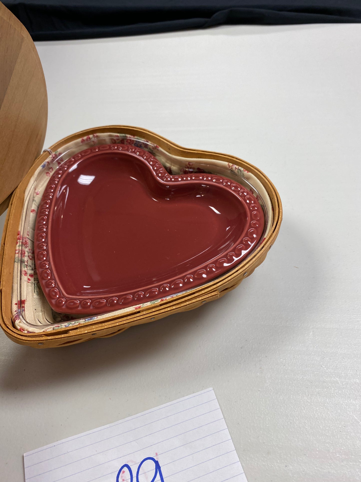 Longaberger heart basket with liner protector and pottery heart dish