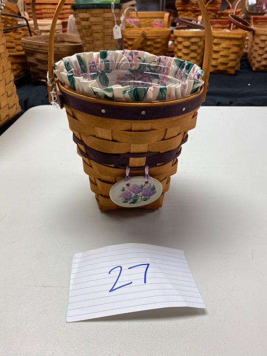 Longaberger Lilac basket with liner, protector and tie on