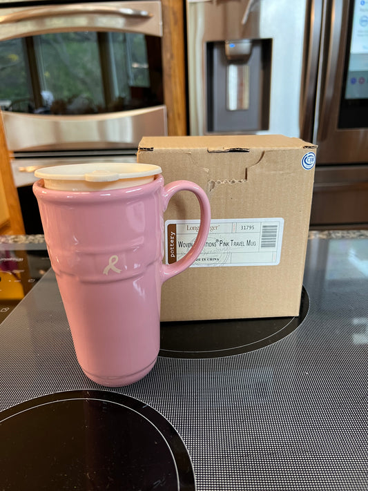 Longaberger woven traditions horizon of hope pink travel mug
