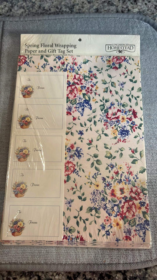 Longaberger Spring Floral Wrapping Paper and Gift Tag Set